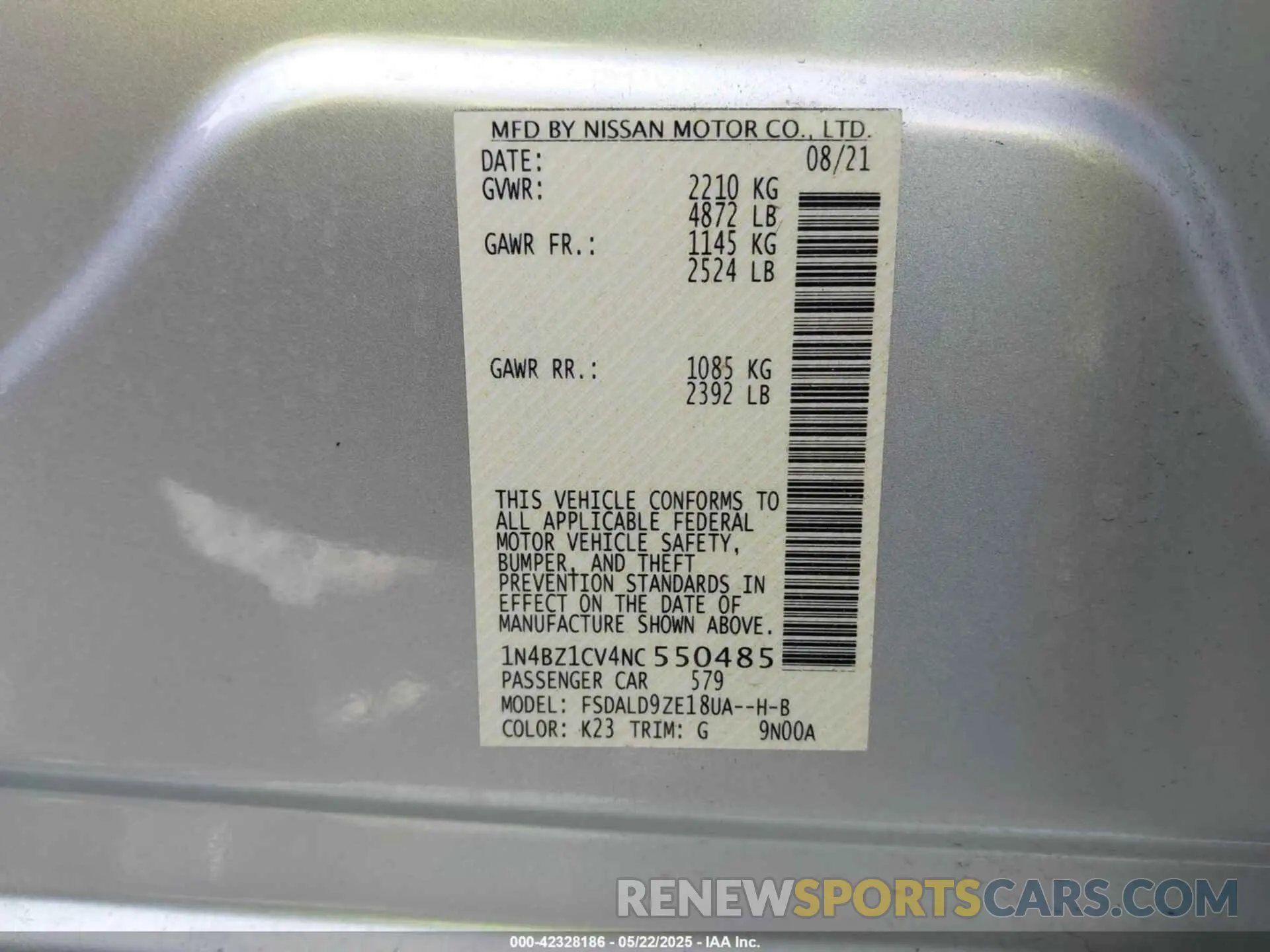 9 fotografías del automóvil dañado 1N4BZ1CV4NC550485 NISSAN LEAF 2022