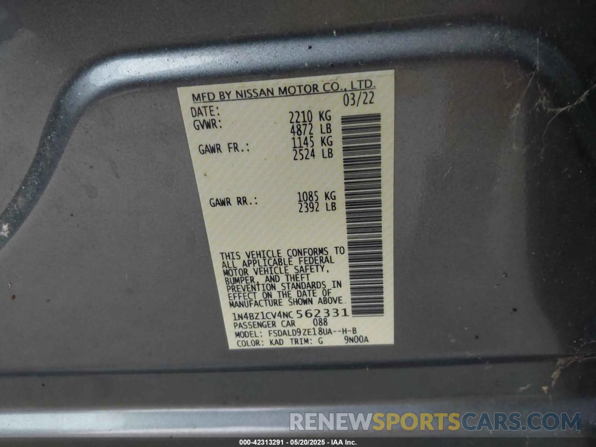 9 fotografías del automóvil dañado 1N4BZ1CV4NC562331 NISSAN LEAF 2022