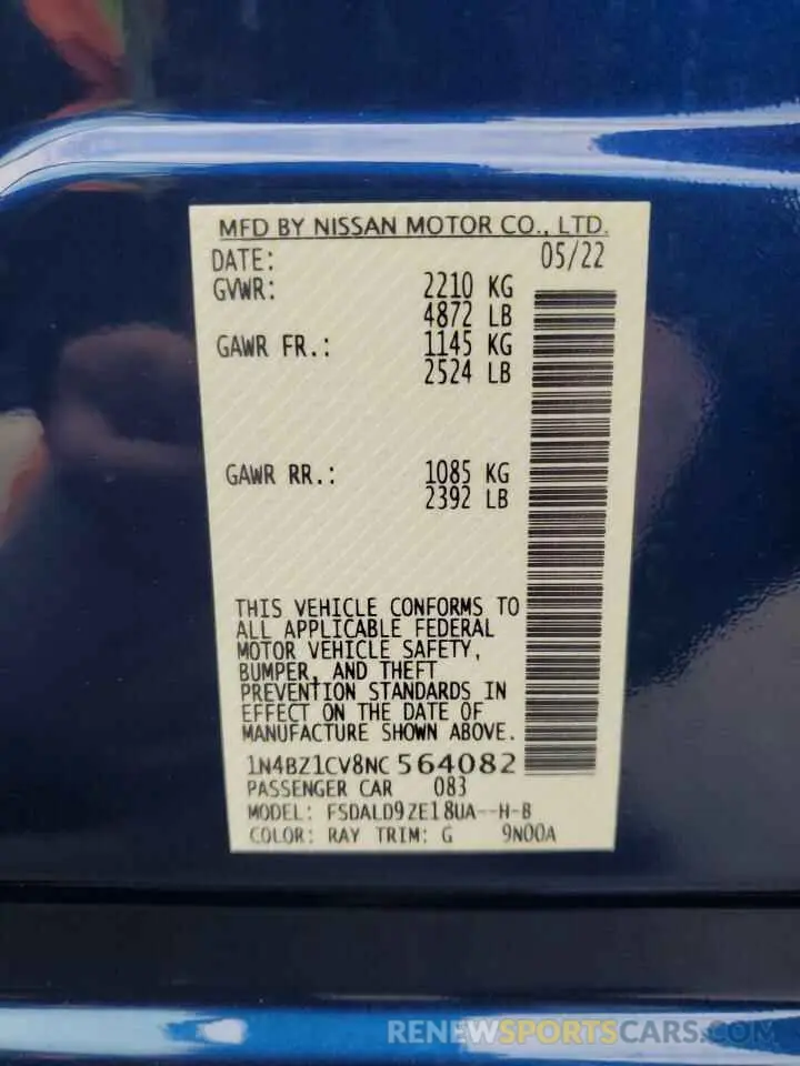 12 fotografías del automóvil dañado 1N4BZ1CV8NC564082 NISSAN LEAF 2022