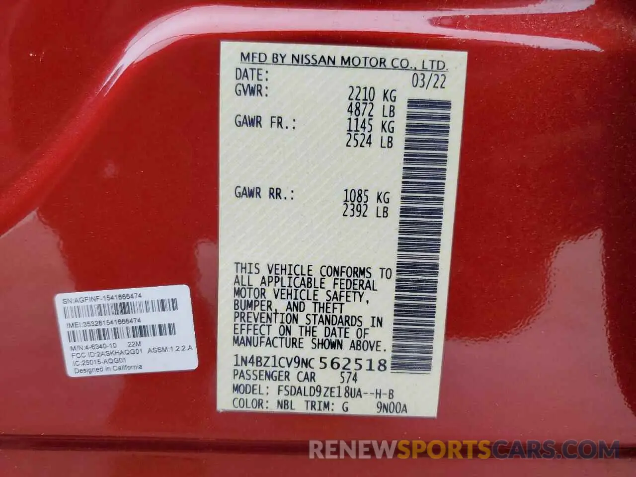 13 fotografías del automóvil dañado 1N4BZ1CV9NC562518 NISSAN LEAF 2022