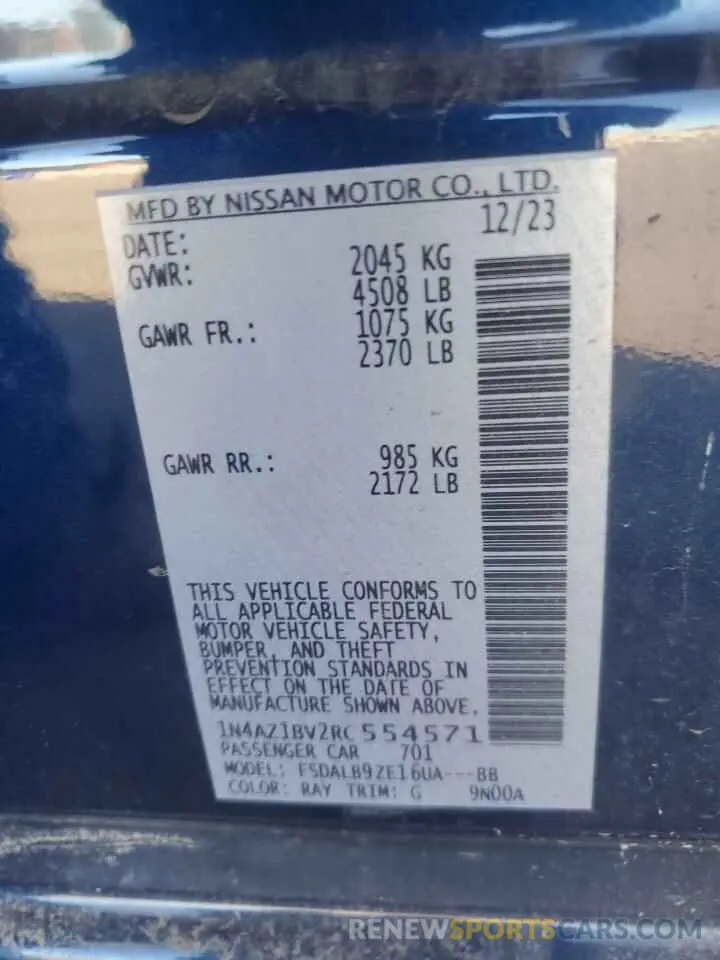 12 fotografías del automóvil dañado 1N4AZ1BV2RC554571 NISSAN LEAF 2024