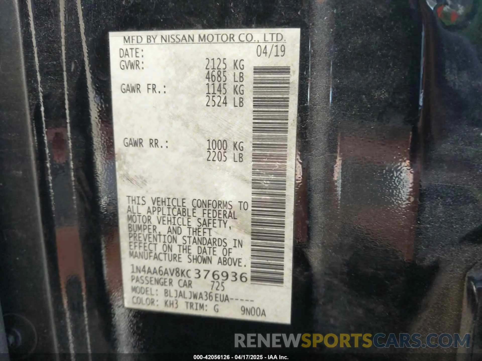 9 fotografías del automóvil dañado 1N4AA6AV8KC376936 NISSAN MAXIMA 2019
