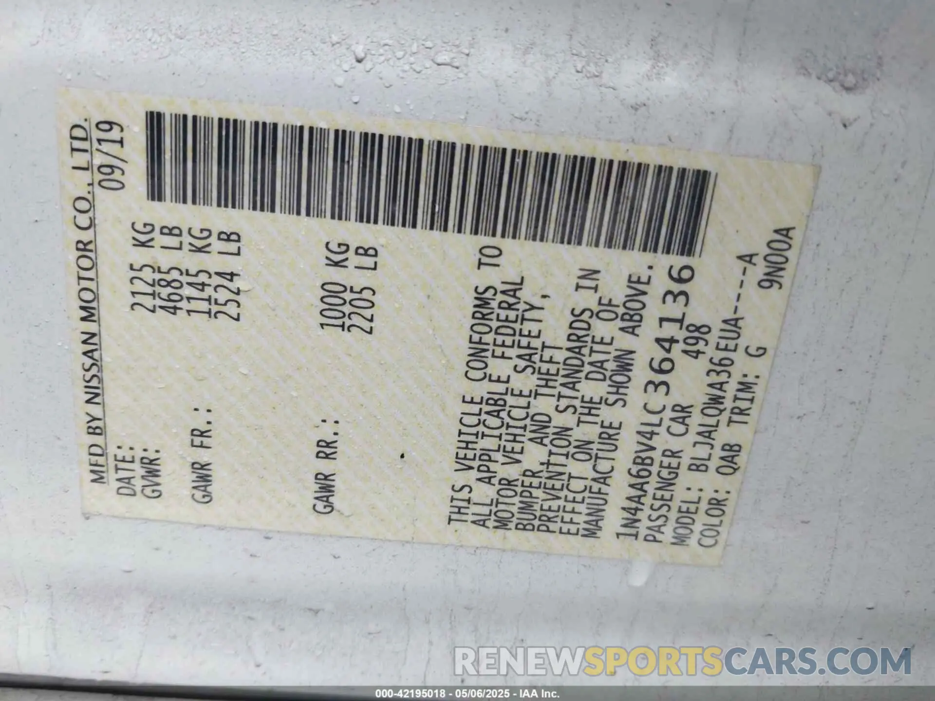 9 fotografías del automóvil dañado 1N4AA6BV4LC364136 NISSAN MAXIMA 2020