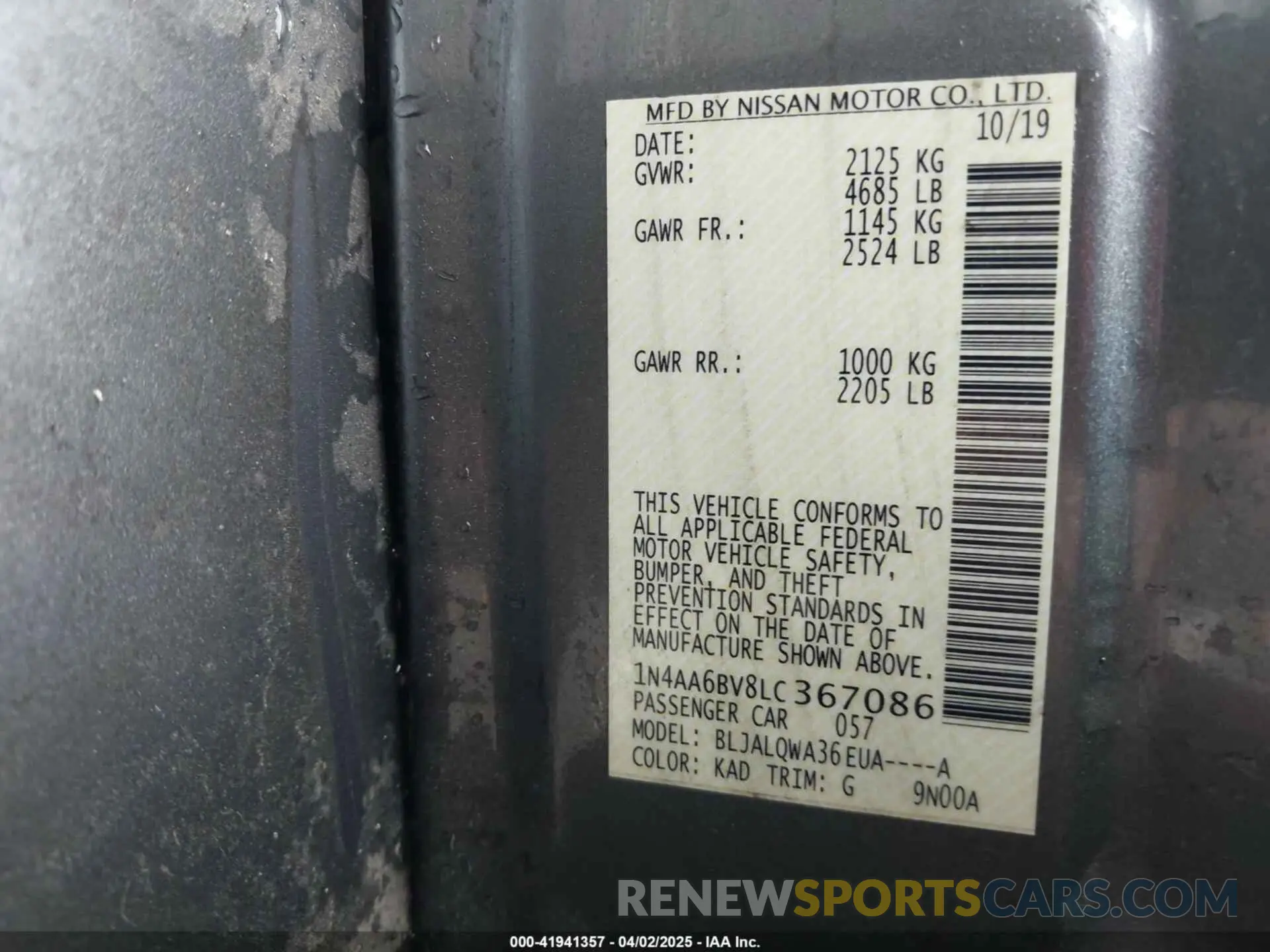 9 fotografías del automóvil dañado 1N4AA6BV8LC367086 NISSAN MAXIMA 2020