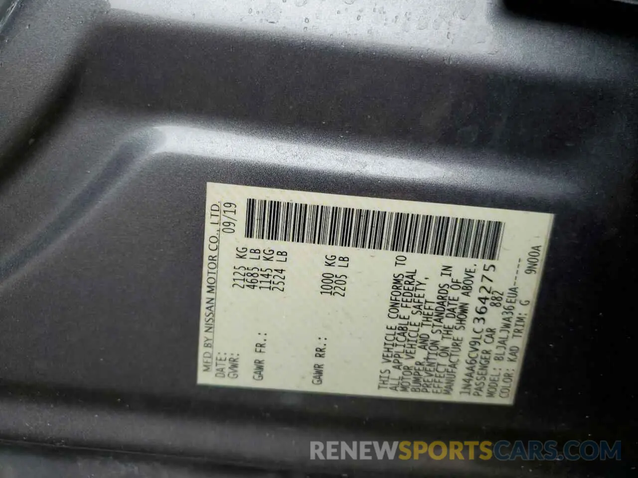 14 fotografías del automóvil dañado 1N4AA6CV9LC364275 NISSAN MAXIMA 2020
