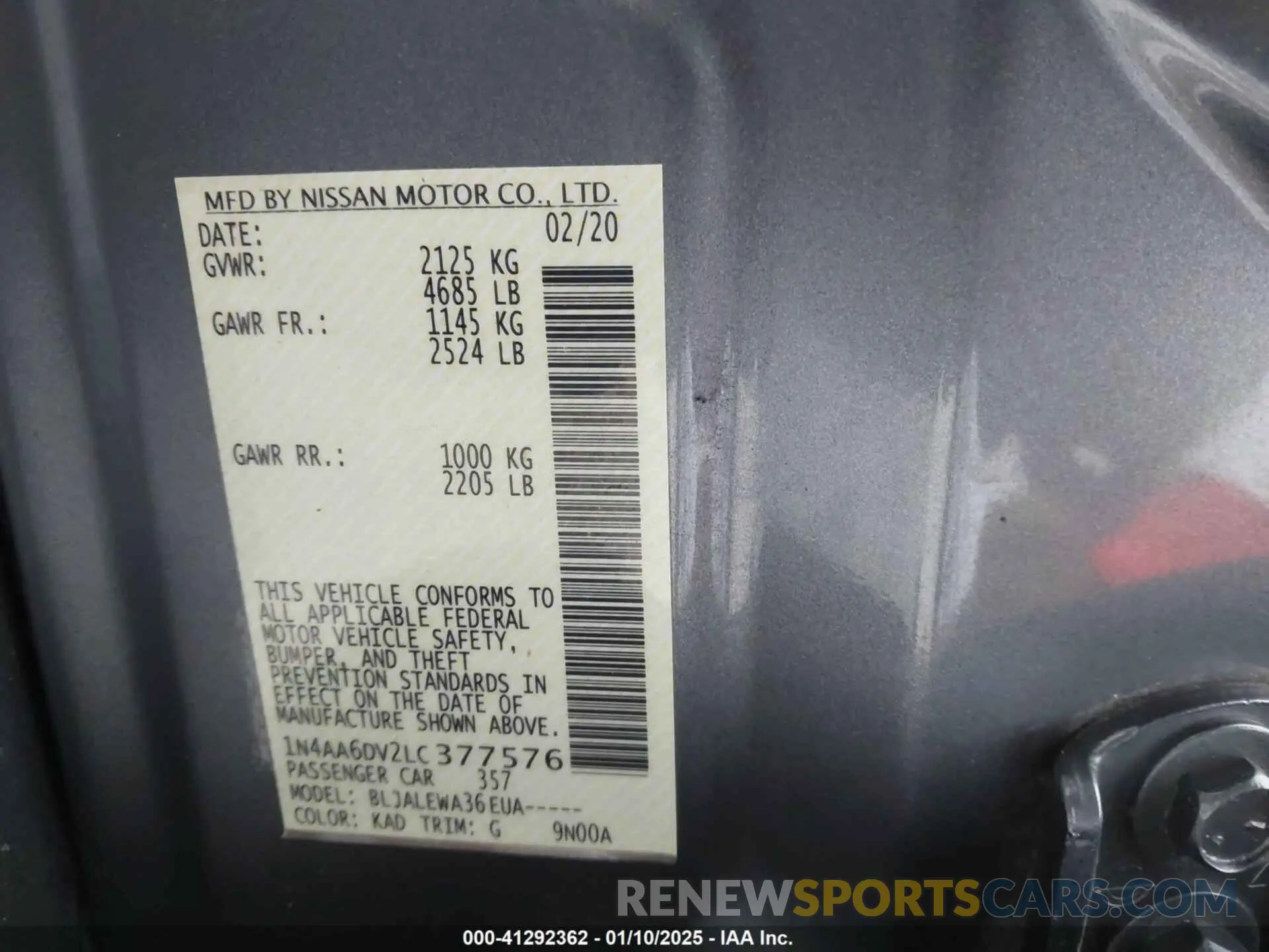 9 fotografías del automóvil dañado 1N4AA6DV2LC377576 NISSAN MAXIMA 2020