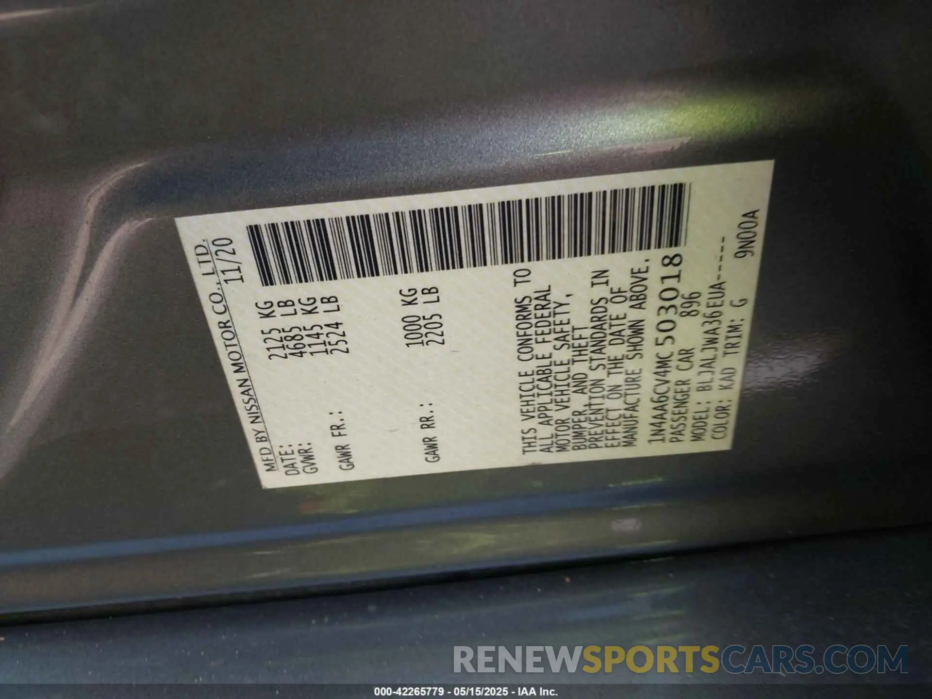 9 fotografías del automóvil dañado 1N4AA6CV4MC503018 NISSAN MAXIMA 2021