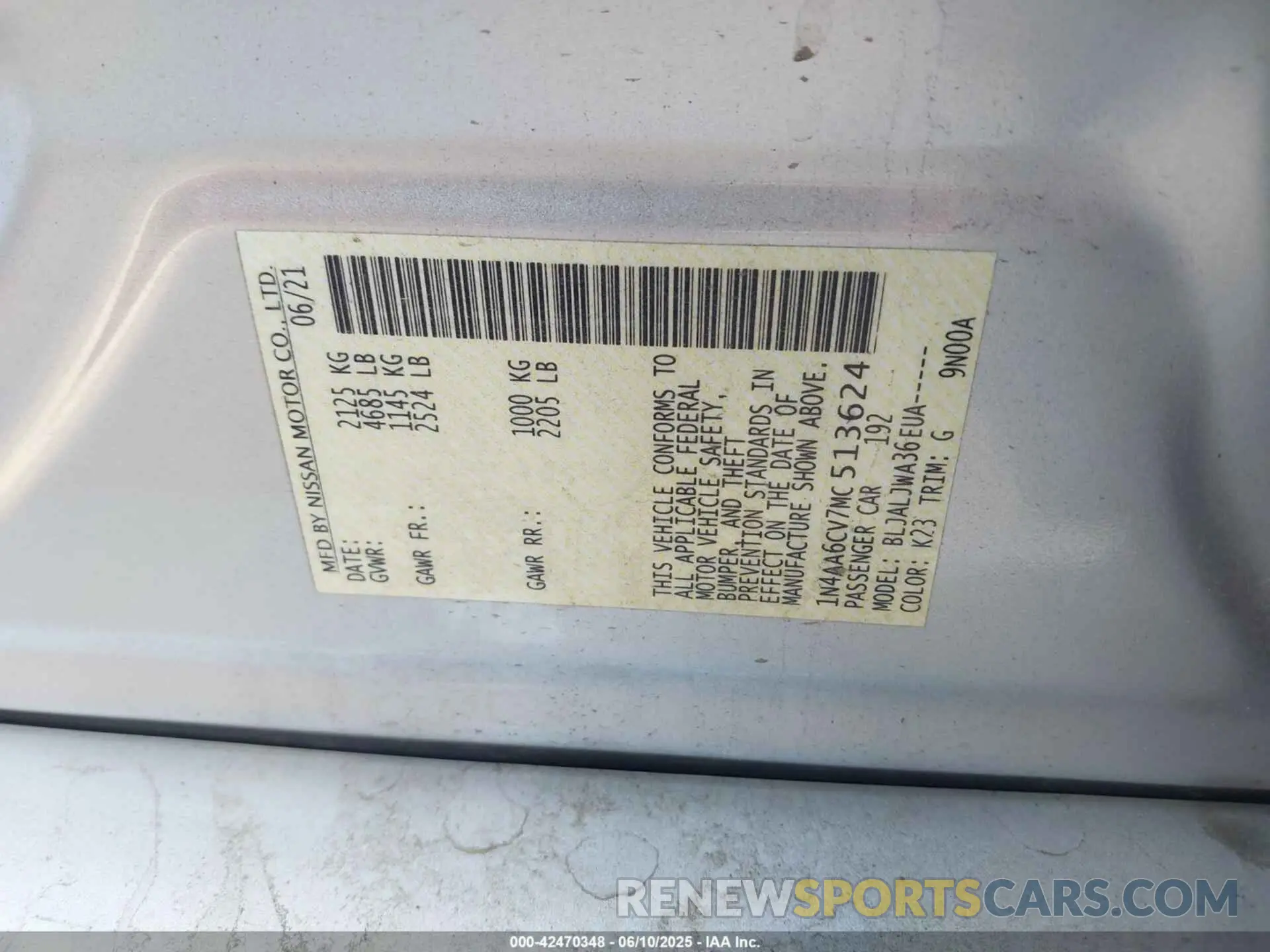 9 fotografías del automóvil dañado 1N4AA6CV7MC513624 NISSAN MAXIMA 2021