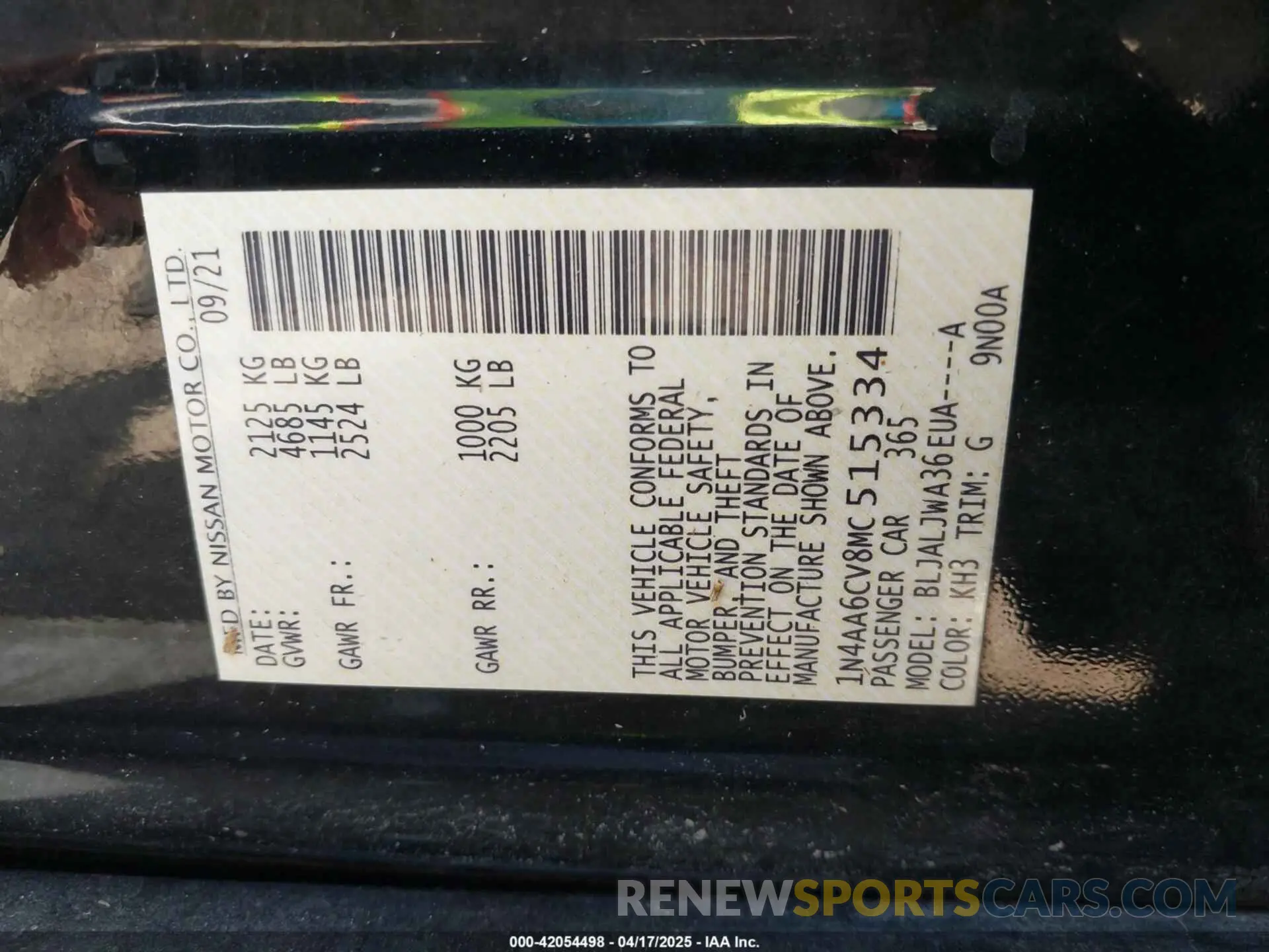 9 fotografías del automóvil dañado 1N4AA6CV8MC515334 NISSAN MAXIMA 2021