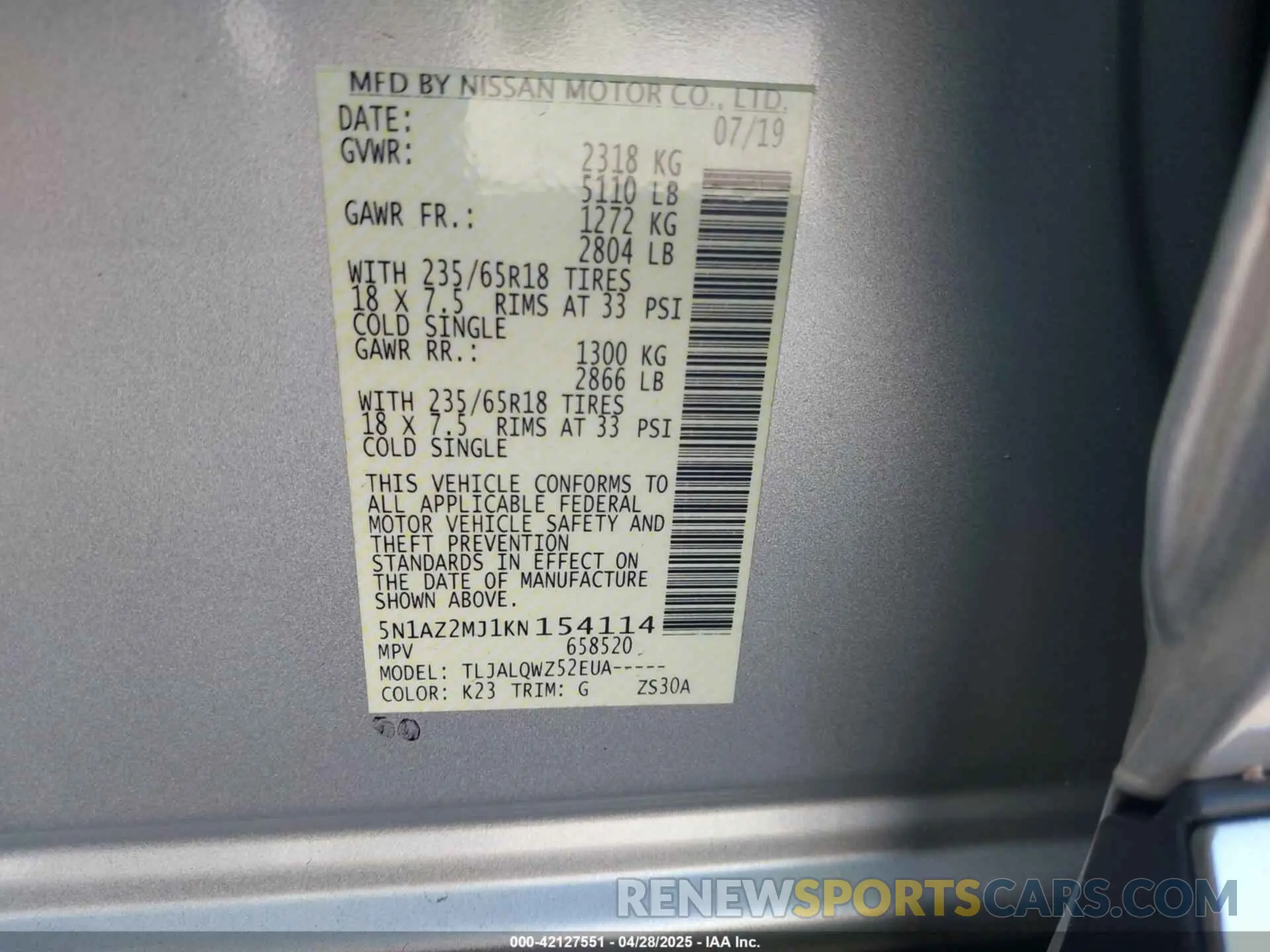 9 fotografías del automóvil dañado 5N1AZ2MJ1KN154114 NISSAN MURANO 2019