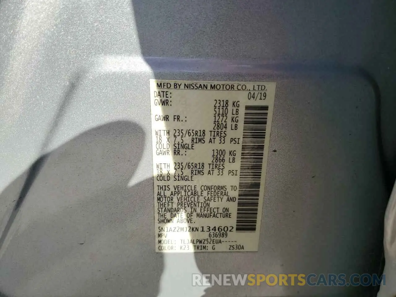 13 fotografías del automóvil dañado 5N1AZ2MJ2KN134602 NISSAN MURANO 2019