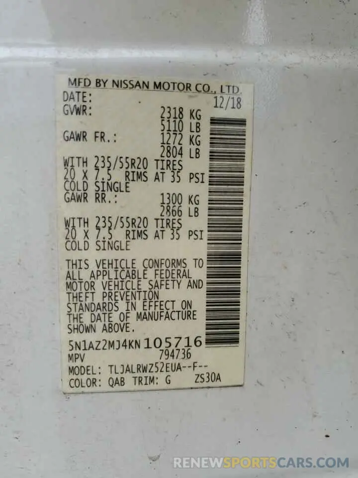 13 fotografías del automóvil dañado 5N1AZ2MJ4KN105716 NISSAN MURANO 2019