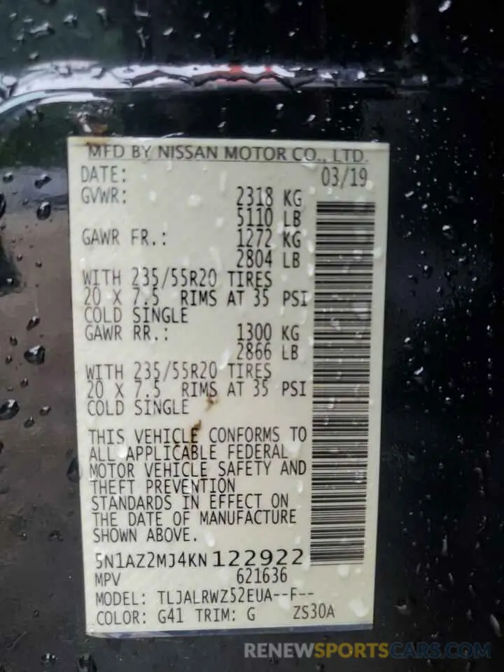 13 fotografías del automóvil dañado 5N1AZ2MJ4KN122922 NISSAN MURANO 2019