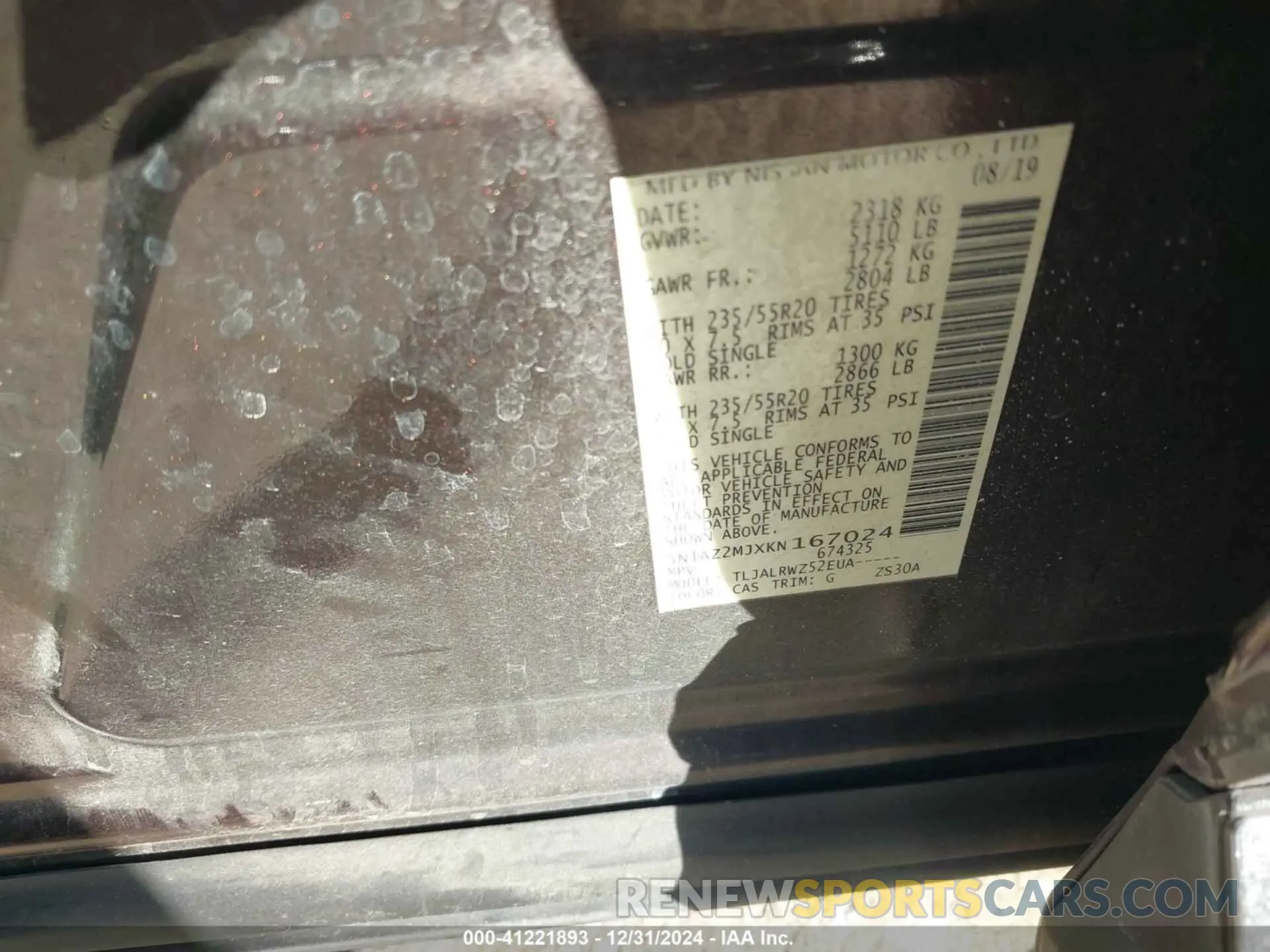 9 fotografías del automóvil dañado 5N1AZ2MJXKN167024 NISSAN MURANO 2019