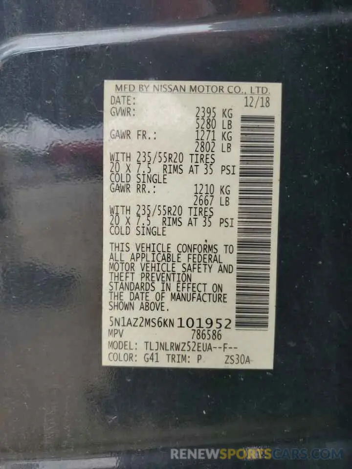12 fotografías del automóvil dañado 5N1AZ2MS6KN101952 NISSAN MURANO 2019