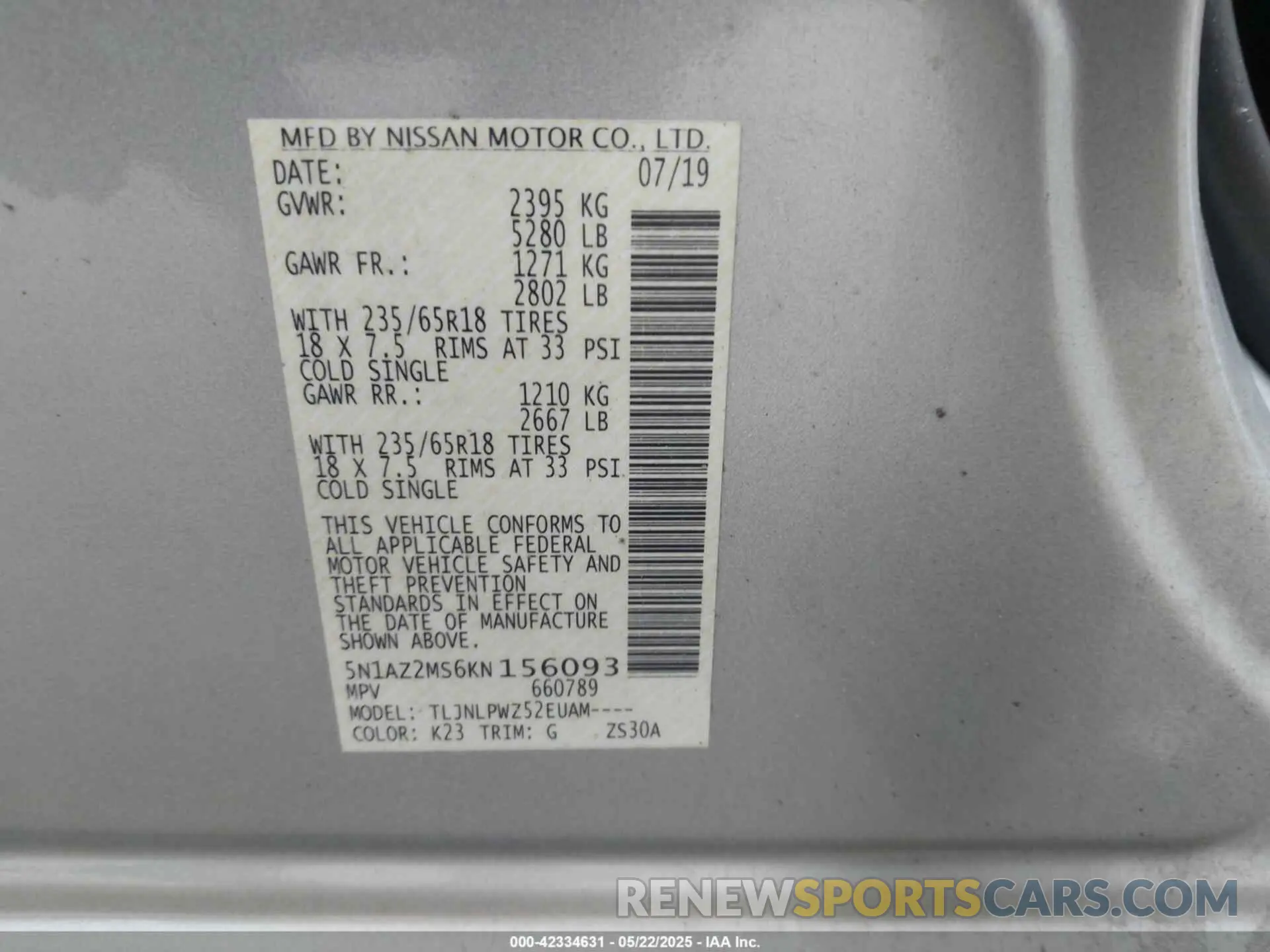 9 fotografías del automóvil dañado 5N1AZ2MS6KN156093 NISSAN MURANO 2019