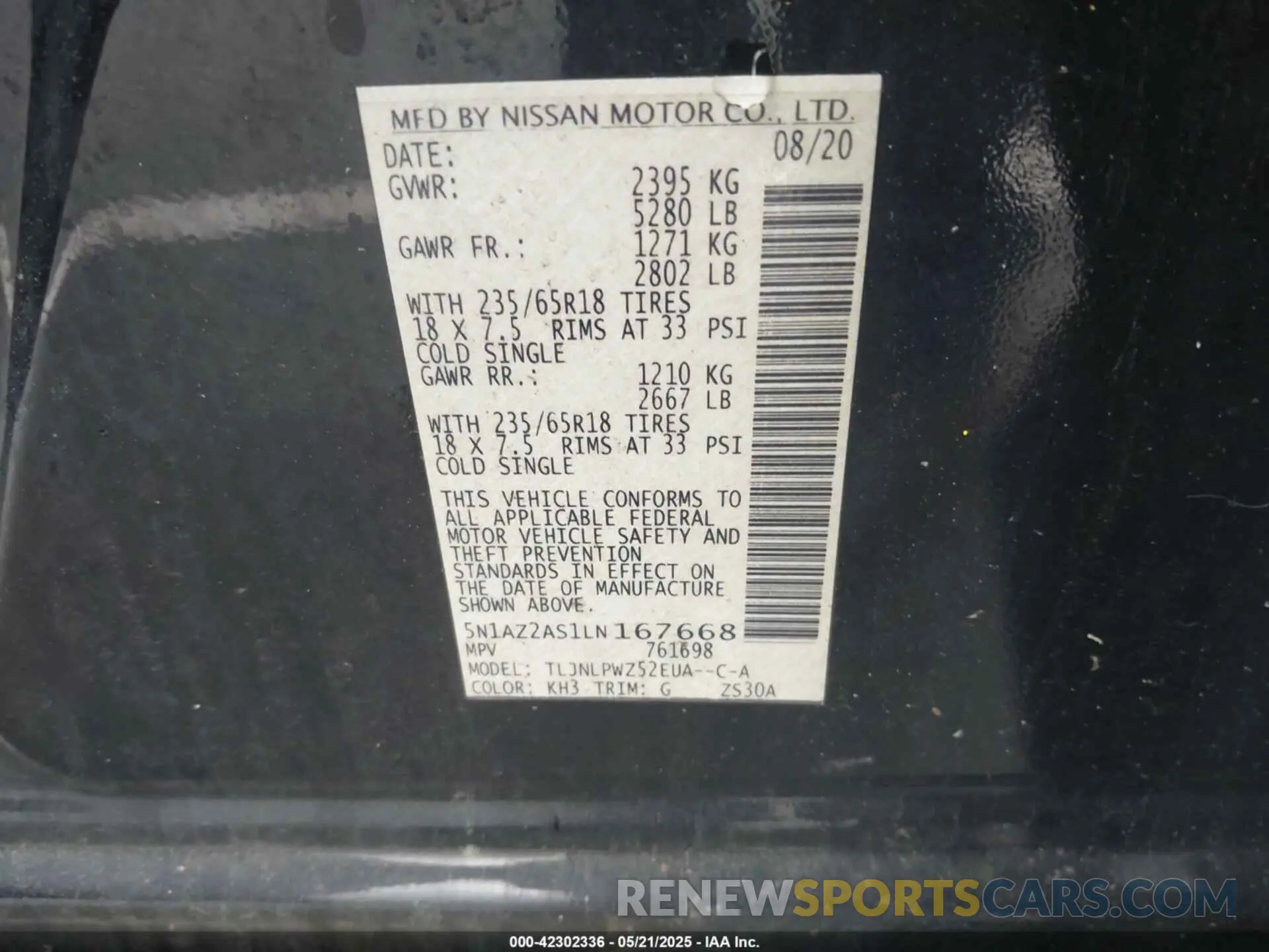 9 fotografías del automóvil dañado 5N1AZ2AS1LN167668 NISSAN MURANO 2020