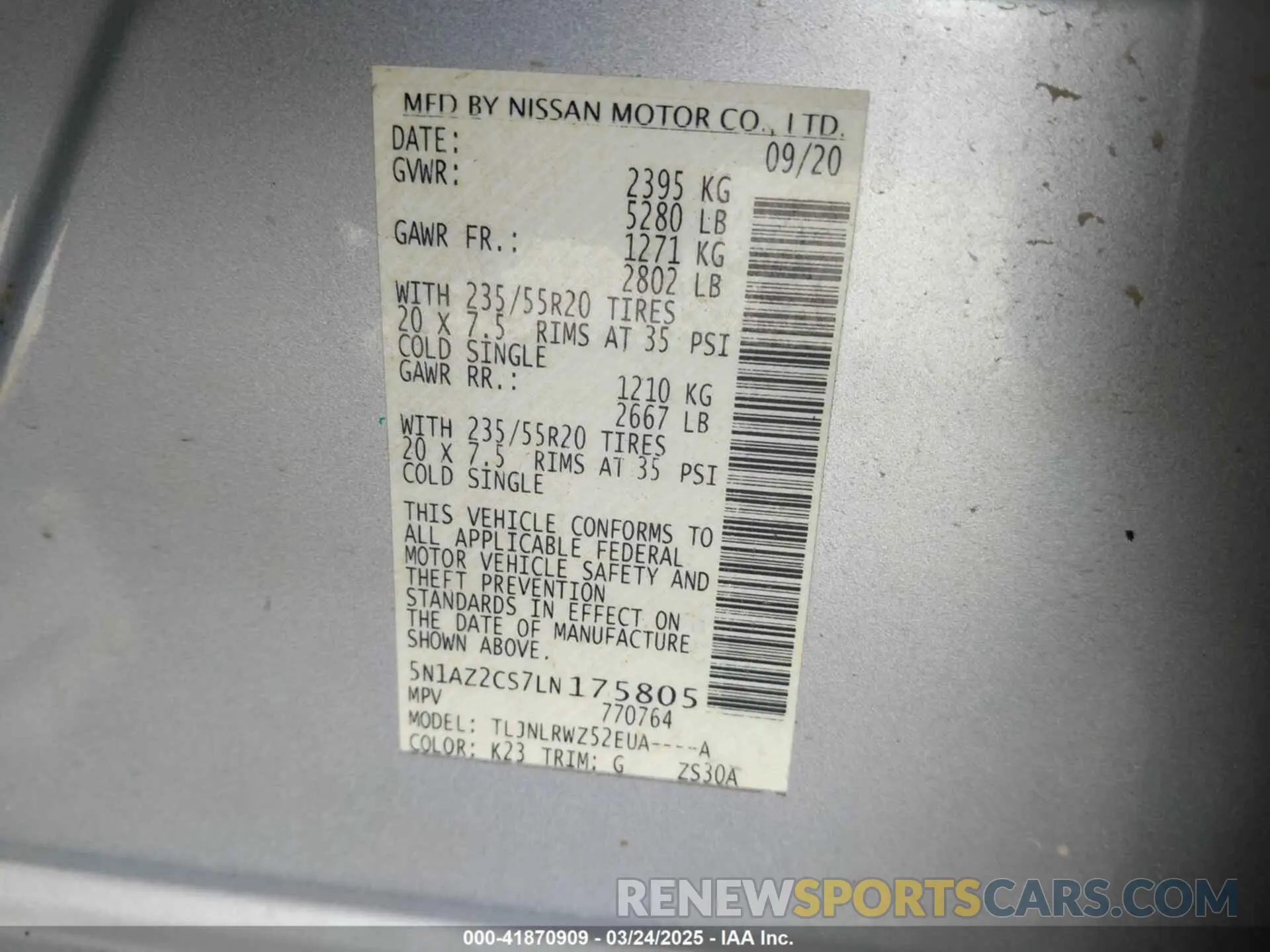 9 fotografías del automóvil dañado 5N1AZ2CS7LN175805 NISSAN MURANO 2020