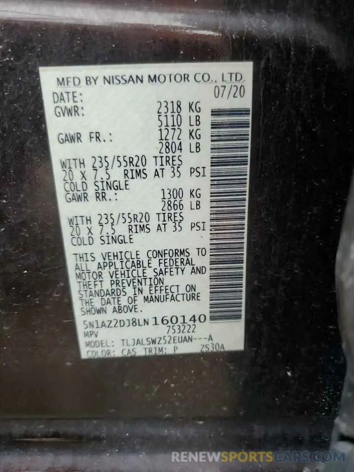13 fotografías del automóvil dañado 5N1AZ2DJ8LN160140 NISSAN MURANO 2020