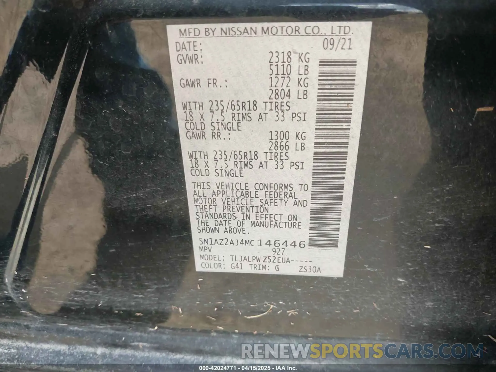 9 fotografías del automóvil dañado 5N1AZ2AJ4MC146446 NISSAN MURANO 2021