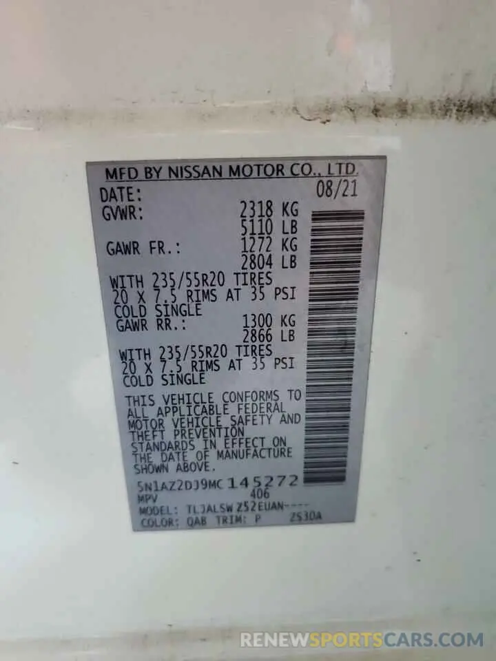 13 fotografías del automóvil dañado 5N1AZ2DJ9MC145272 NISSAN MURANO 2021