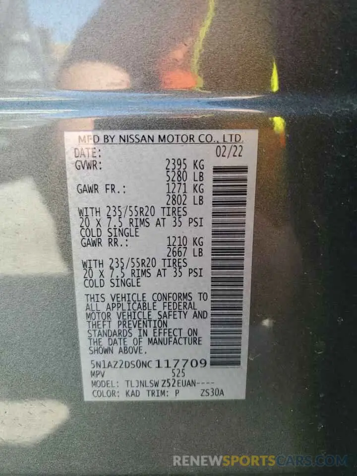 16 fotografías del automóvil dañado 5N1AZ2DS0NC117709 NISSAN MURANO 2022