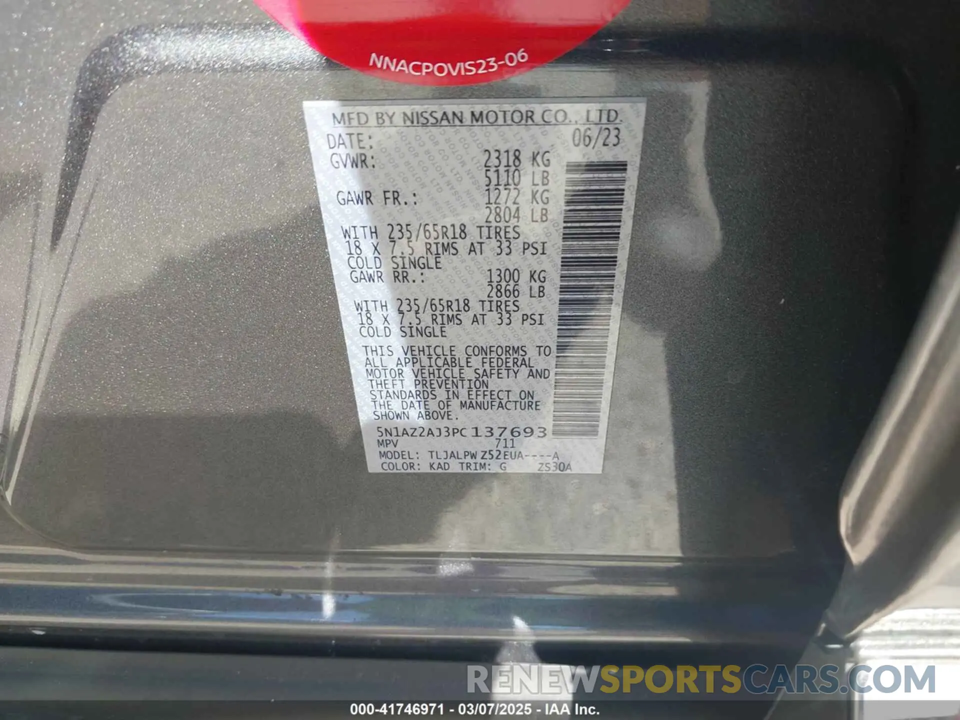 9 fotografías del automóvil dañado 5N1AZ2AJ3PC137693 NISSAN MURANO 2023