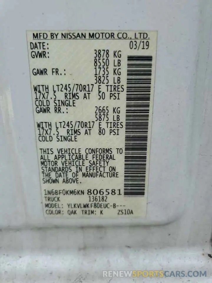 14 fotografías del automóvil dañado 1N6BF0KM6KN806581 NISSAN NV 2019