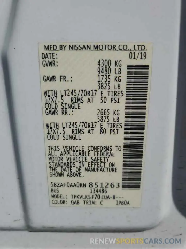 13 fotografías del automóvil dañado 5BZAF0AA0KN851263 NISSAN NV 2019