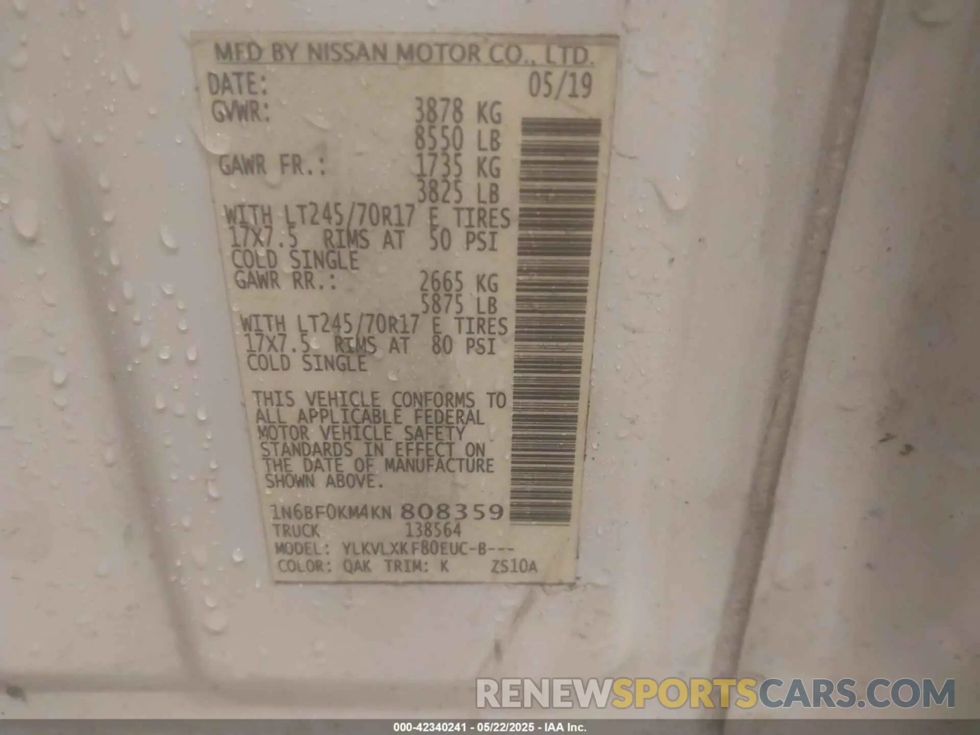 9 fotografías del automóvil dañado 1N6BF0KM4KN808359 NISSAN NV CARGO NV1500 2019