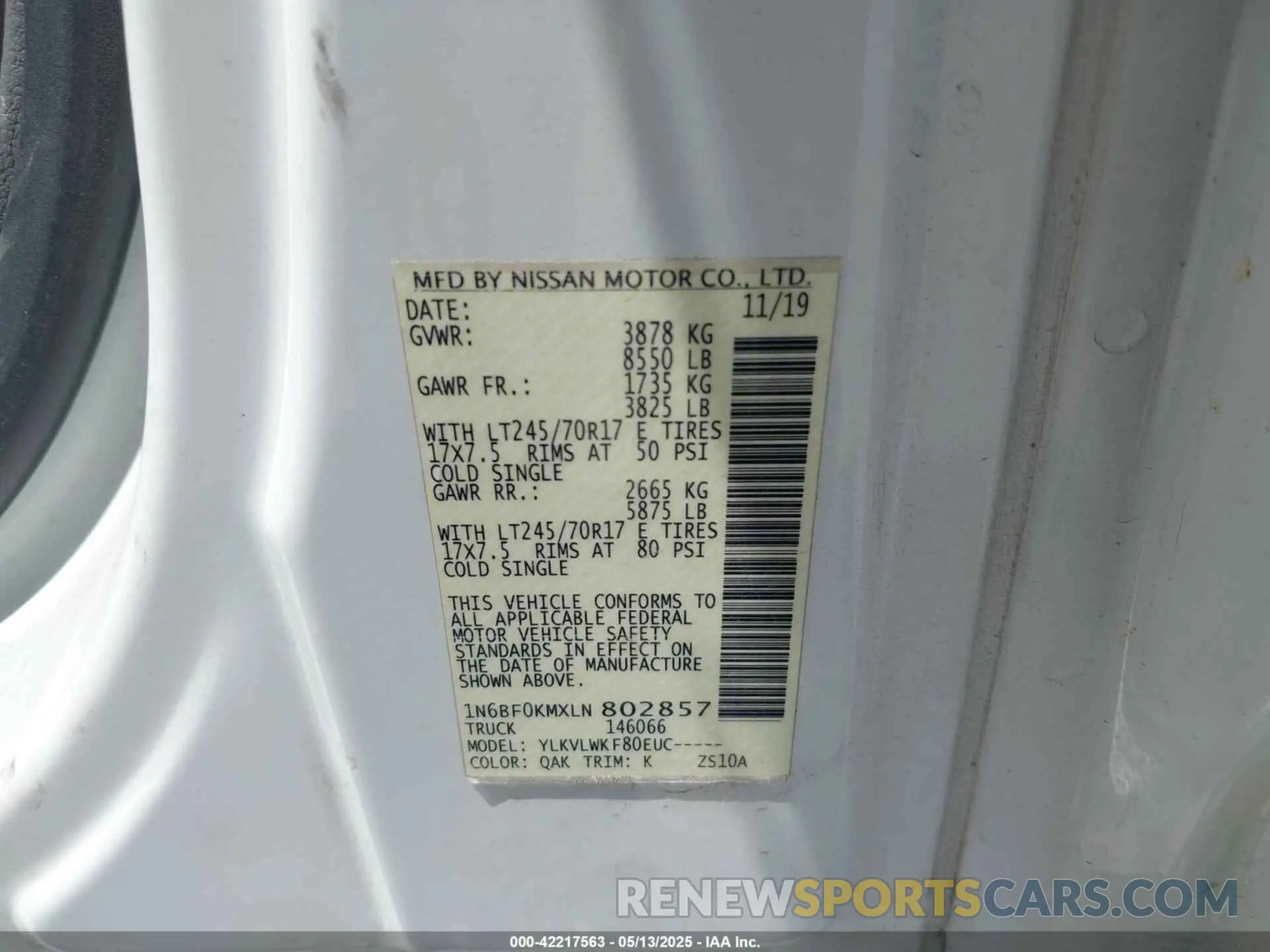 9 fotografías del automóvil dañado 1N6BF0KMXLN802857 NISSAN NV CARGO NV1500 2020