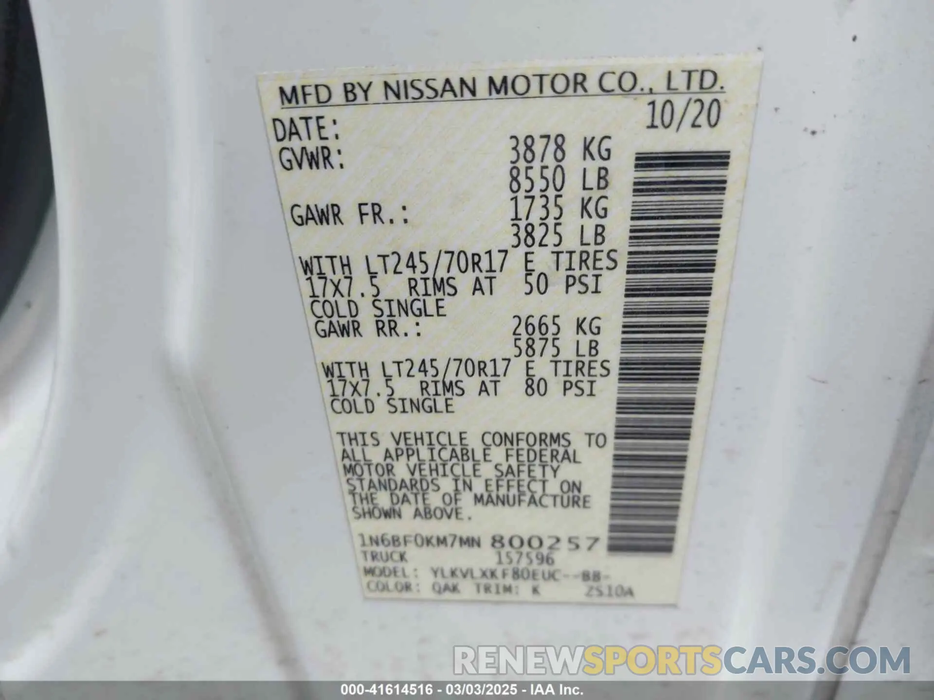 9 fotografías del automóvil dañado 1N6BF0KM7MN800257 NISSAN NV CARGO NV1500 2021