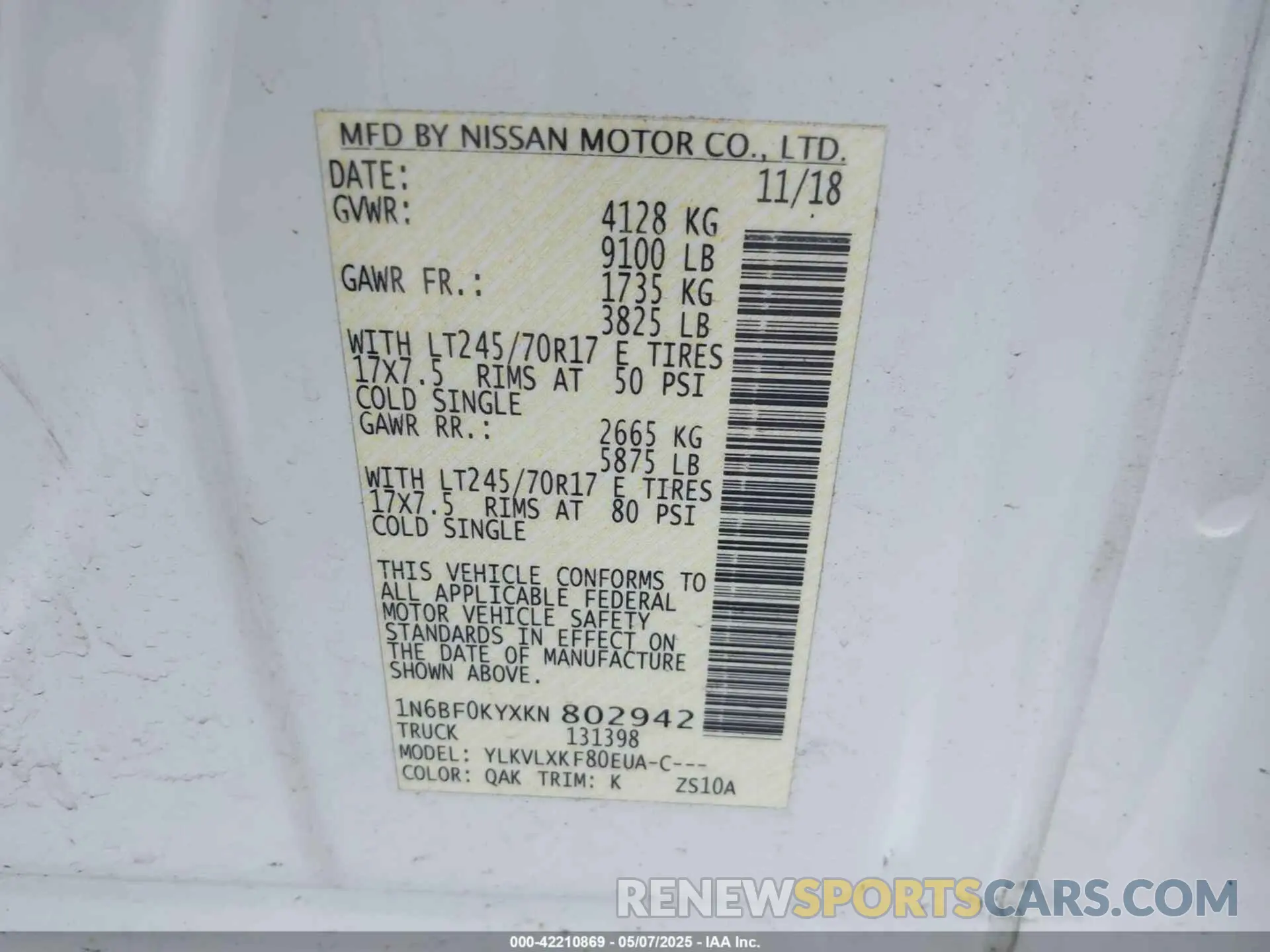 9 fotografías del automóvil dañado 1N6BF0KYXKN802942 NISSAN NV CARGO NV2500 HD 2019