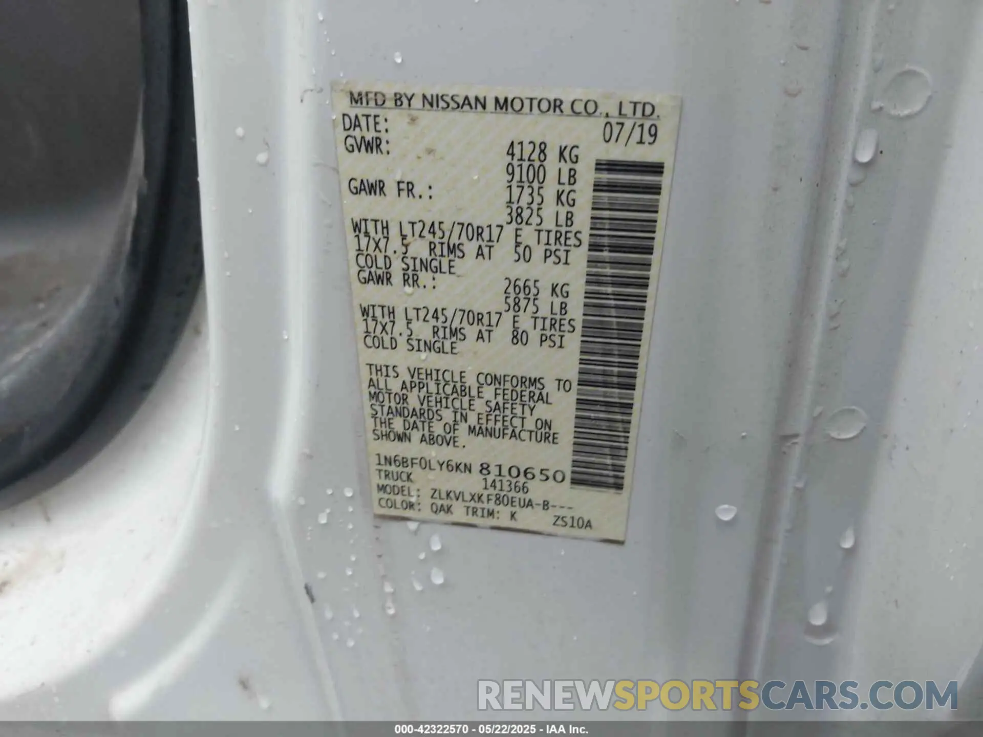 9 fotografías del automóvil dañado 1N6BF0LY6KN810650 NISSAN NV CARGO NV2500 HD 2019