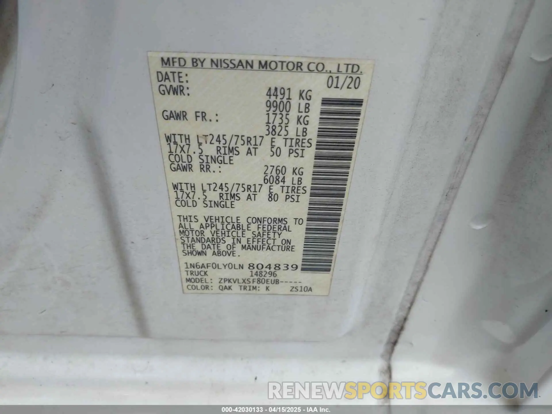 9 fotografías del automóvil dañado 1N6AF0LY0LN804839 NISSAN NV CARGO NV3500 HD 2020
