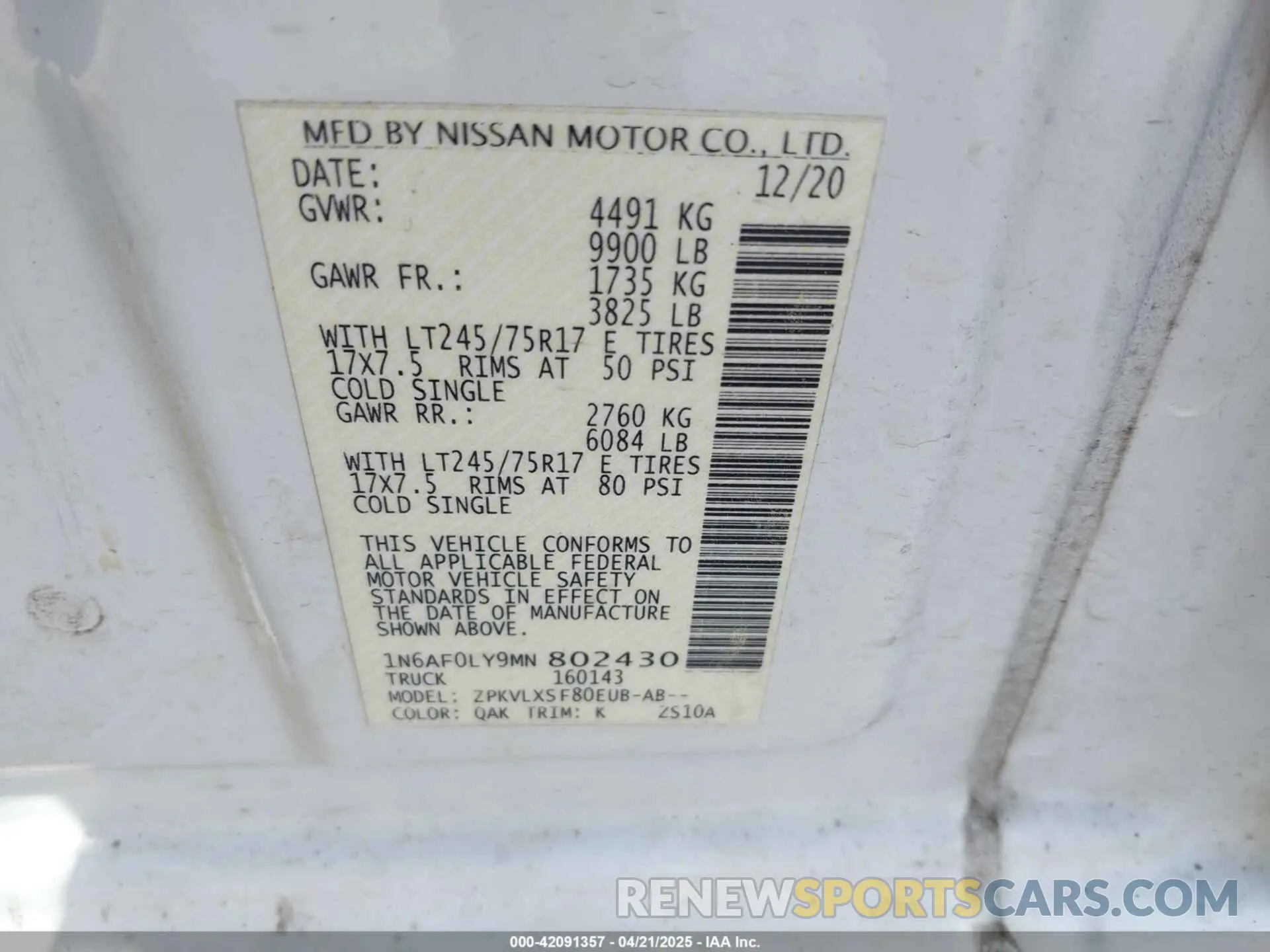 9 fotografías del automóvil dañado 1N6AF0LY9MN802430 NISSAN NV CARGO NV3500 HD 2021