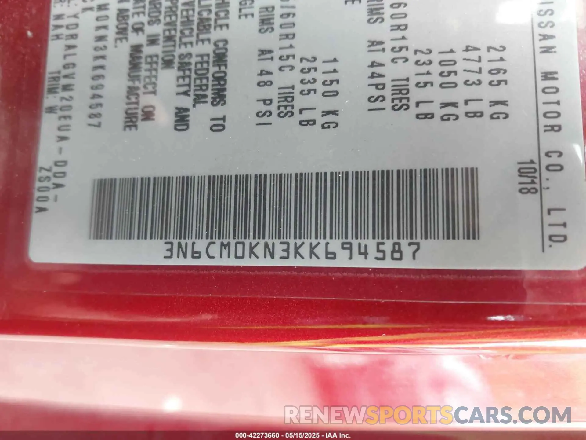 9 fotografías del automóvil dañado 3N6CM0KN3KK694587 NISSAN NV200 2019