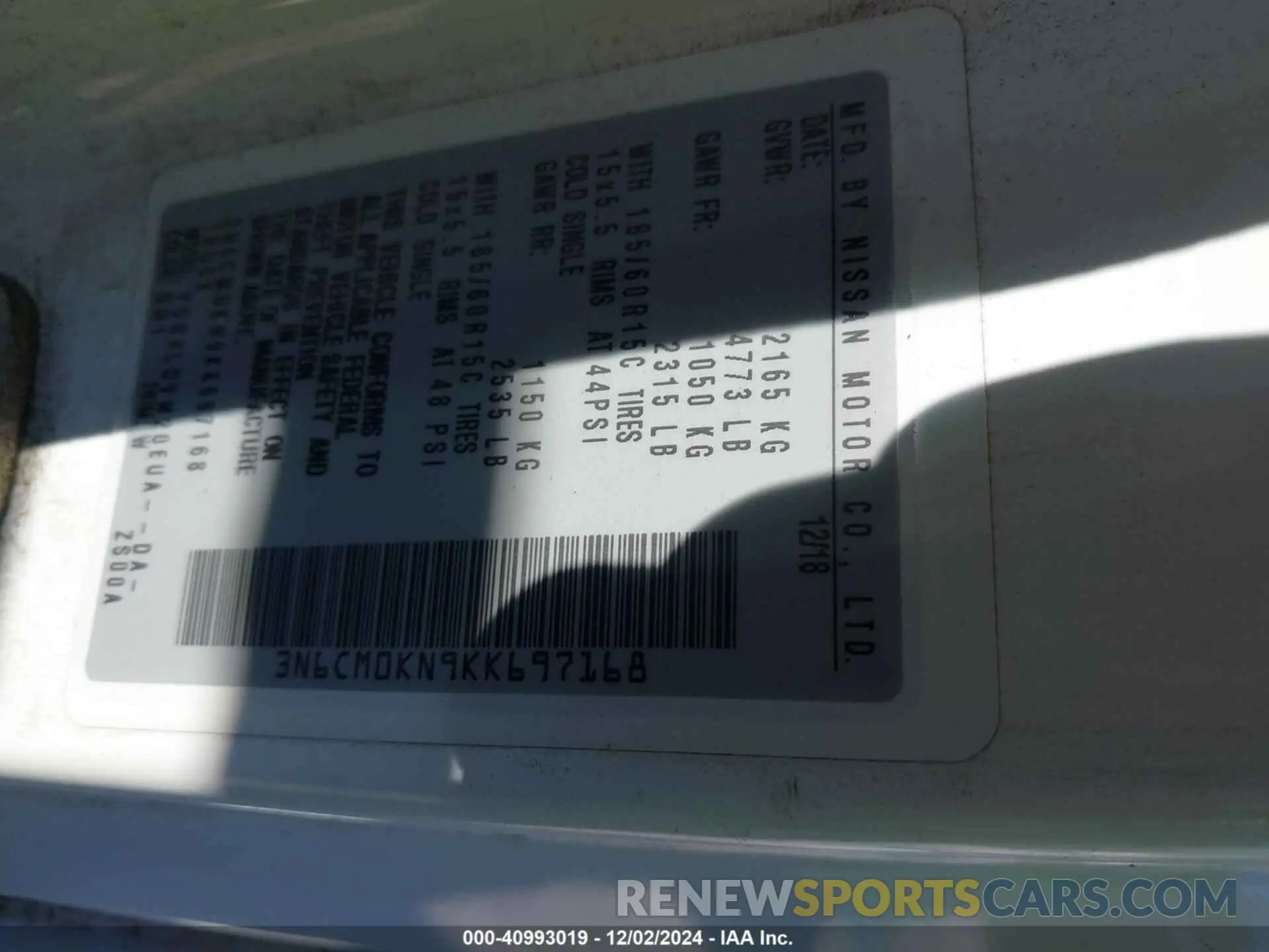 9 fotografías del automóvil dañado 3N6CM0KN9KK697168 NISSAN NV200 2019