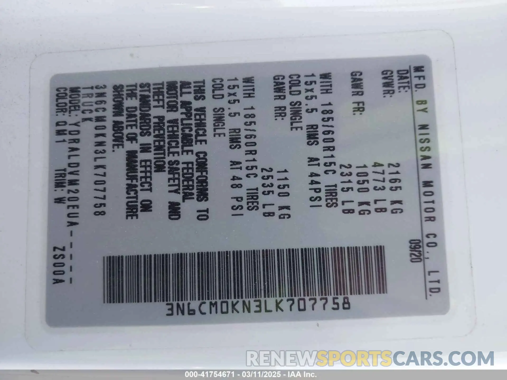 9 fotografías del automóvil dañado 3N6CM0KN3LK707758 NISSAN NV200  CARGO 2020