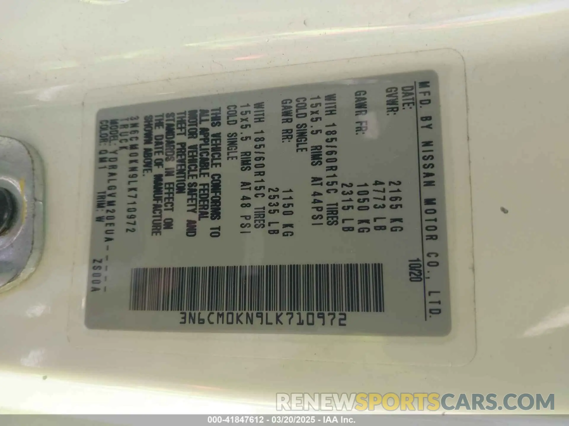 9 fotografías del automóvil dañado 3N6CM0KN9LK71O972 NISSAN NV200  CARGO 2020