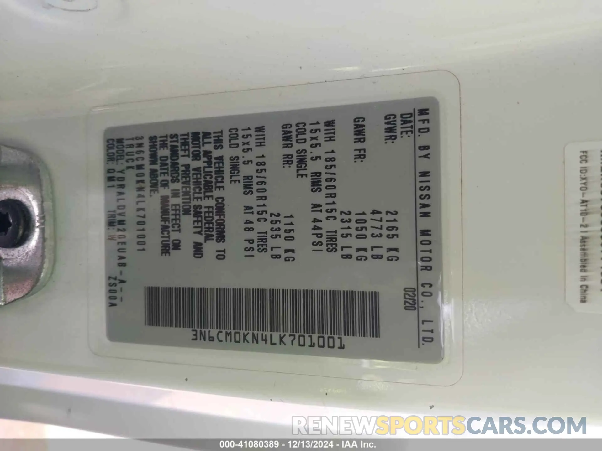 9 fotografías del automóvil dañado 3N6CM0KN4LK701001 NISSAN NV200 COMPACT CARGO 2020