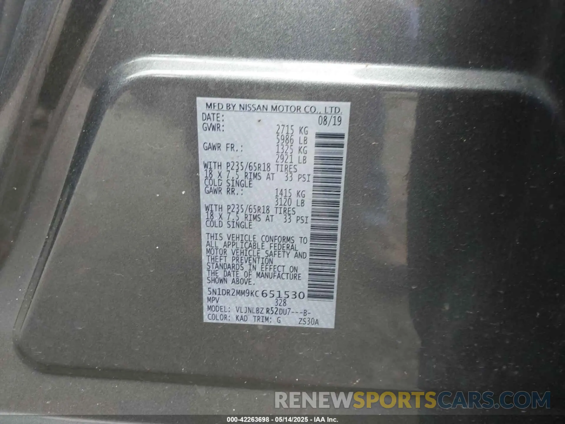 9 fotografías del automóvil dañado 5N1DR2MM9KC651530 NISSAN PATHFINDER 2019