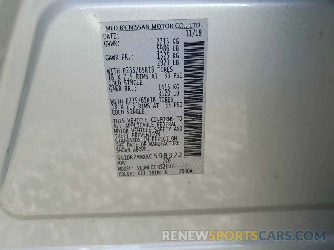 13 fotografías del automóvil dañado 5N1DR2MMXKC598322 NISSAN PATHFINDER 2019