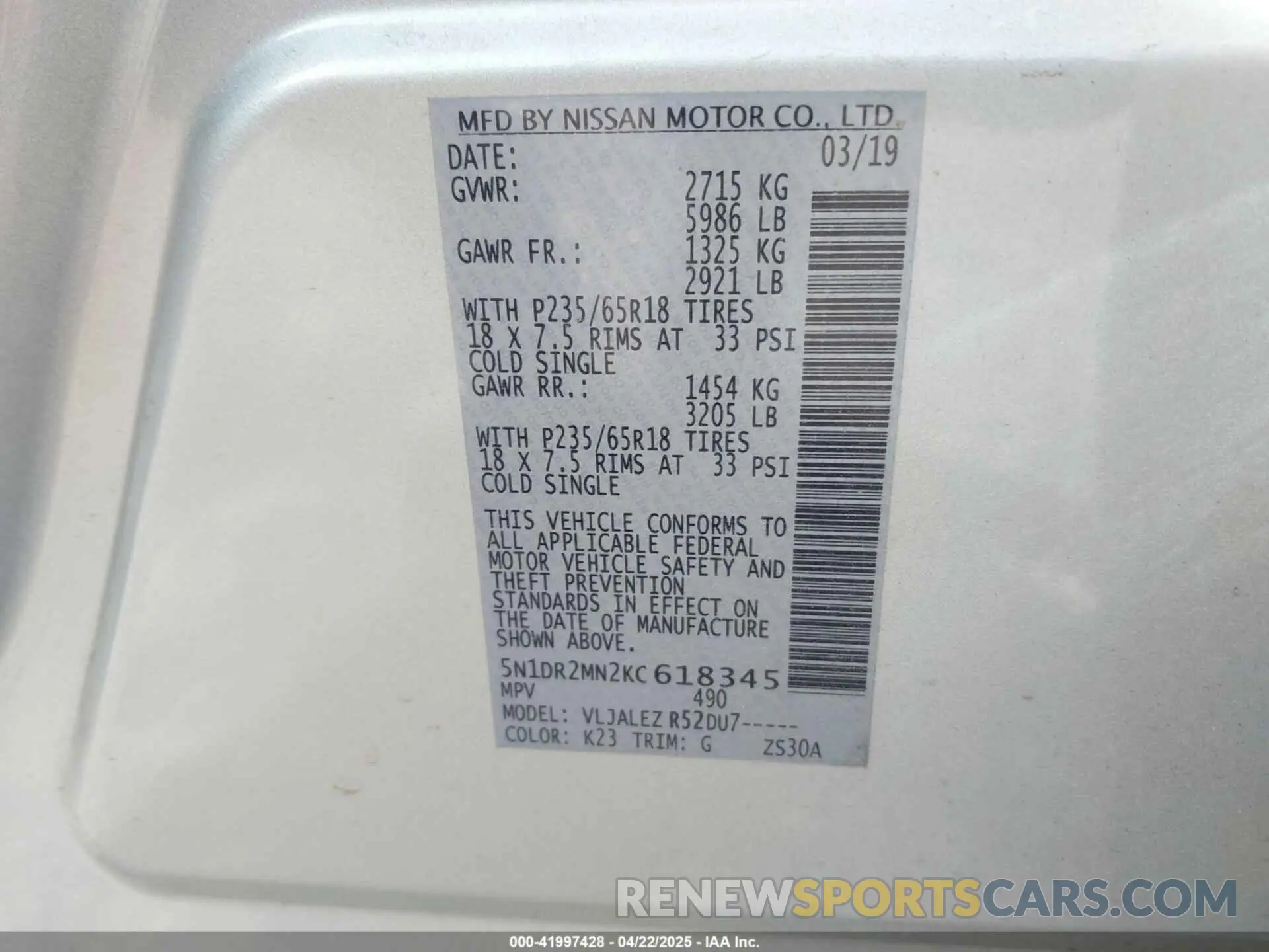9 fotografías del automóvil dañado 5N1DR2MN2KC618345 NISSAN PATHFINDER 2019