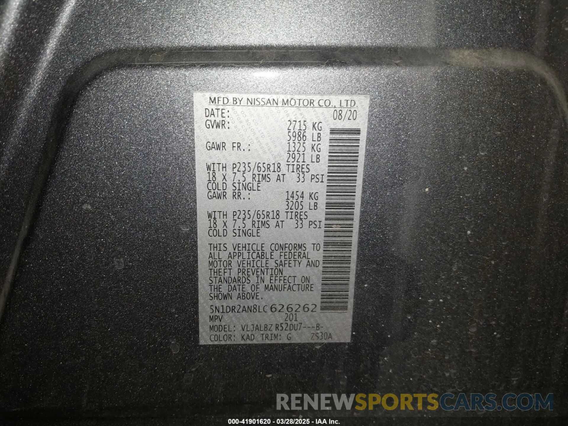 9 fotografías del automóvil dañado 5N1DR2AN8LC626262 NISSAN PATHFINDER 2020