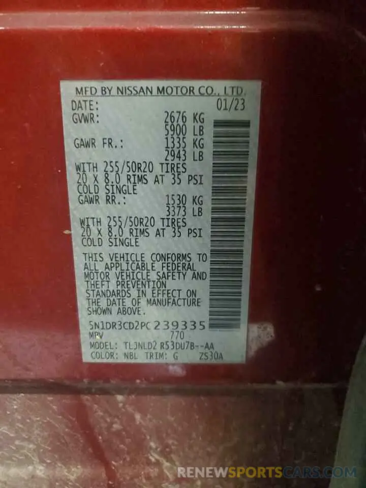 13 fotografías del automóvil dañado 5N1DR3CD2PC239335 NISSAN PATHFINDER 2023