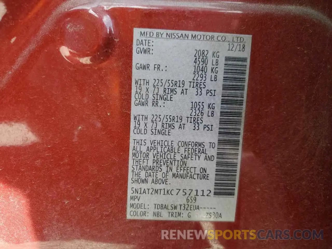 16 fotografías del automóvil dañado 5N1AT2MT1KC757112 NISSAN ROGUE 2019