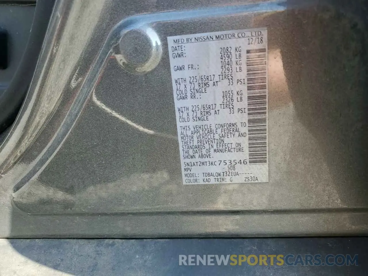 15 fotografías del automóvil dañado 5N1AT2MT3KC753546 NISSAN ROGUE 2019