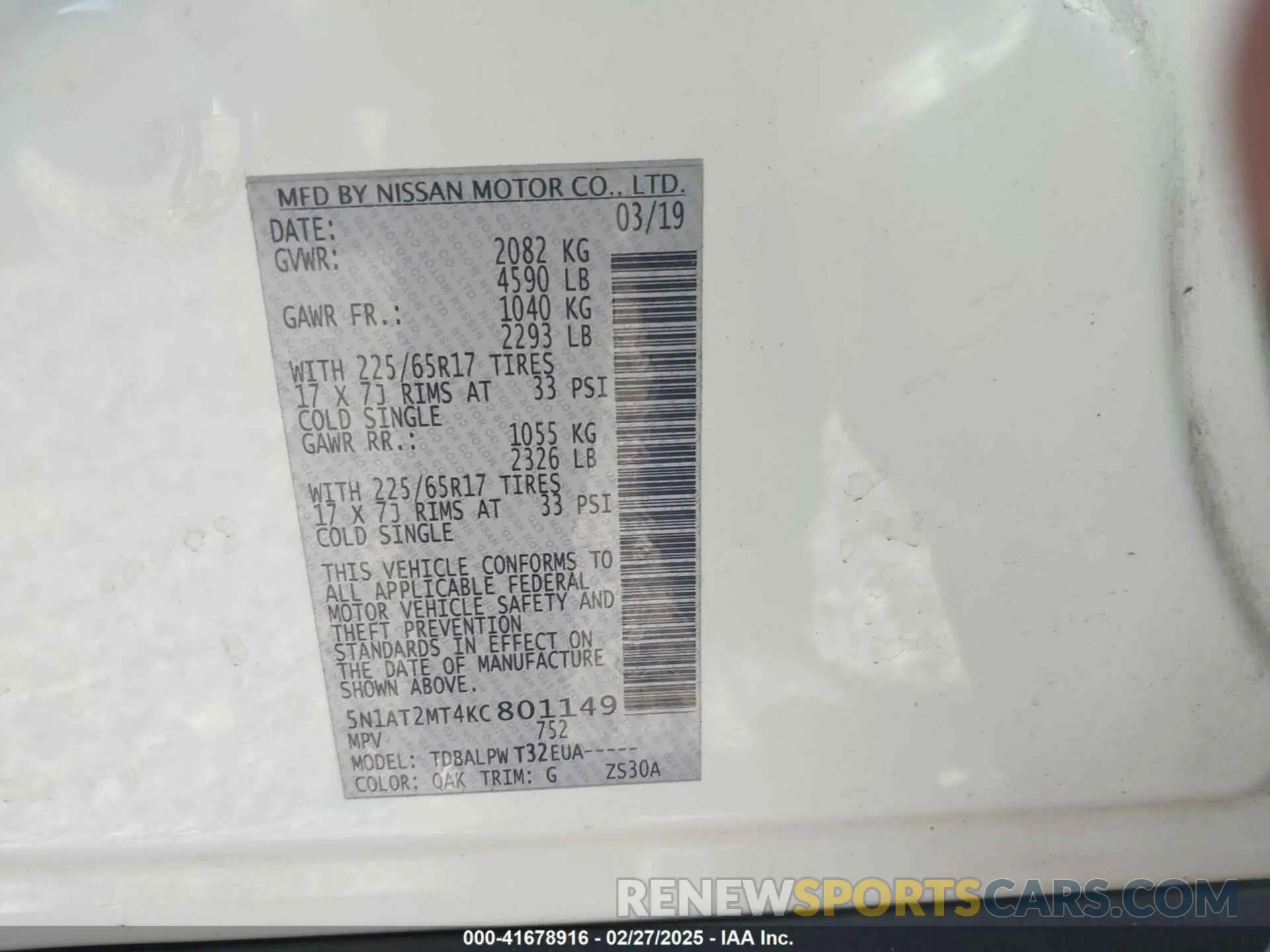 9 fotografías del automóvil dañado 5N1AT2MT4KC801149 NISSAN ROGUE 2019