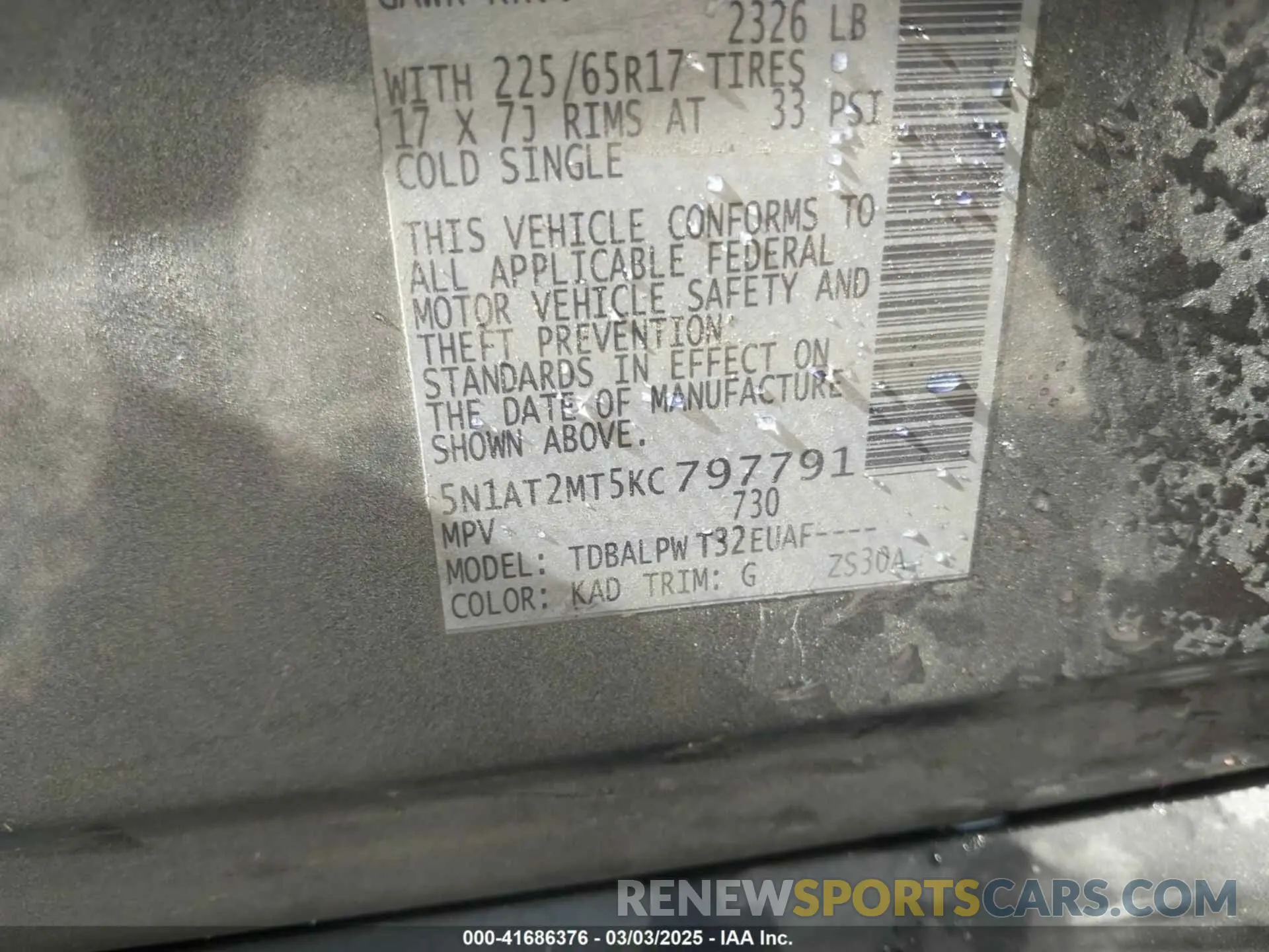 9 fotografías del automóvil dañado 5N1AT2MT5KC797791 NISSAN ROGUE 2019